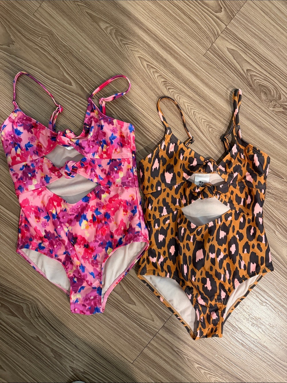 art class Girls One-Piece Swimsuit Set — Pink Floral & Brown Leopard - size M